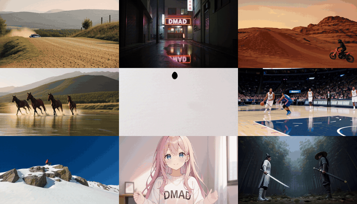 Videos generated by the 4-step DMAD student of MiniMax-H3 (video only; every clip also has generated audio)