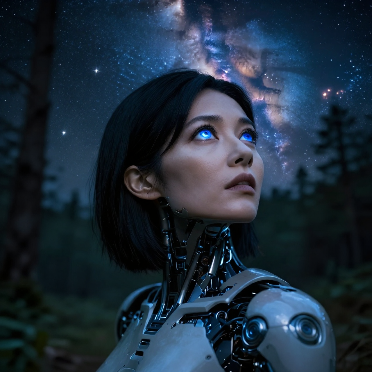 Cyborg woman gazing toward a star-filled sky