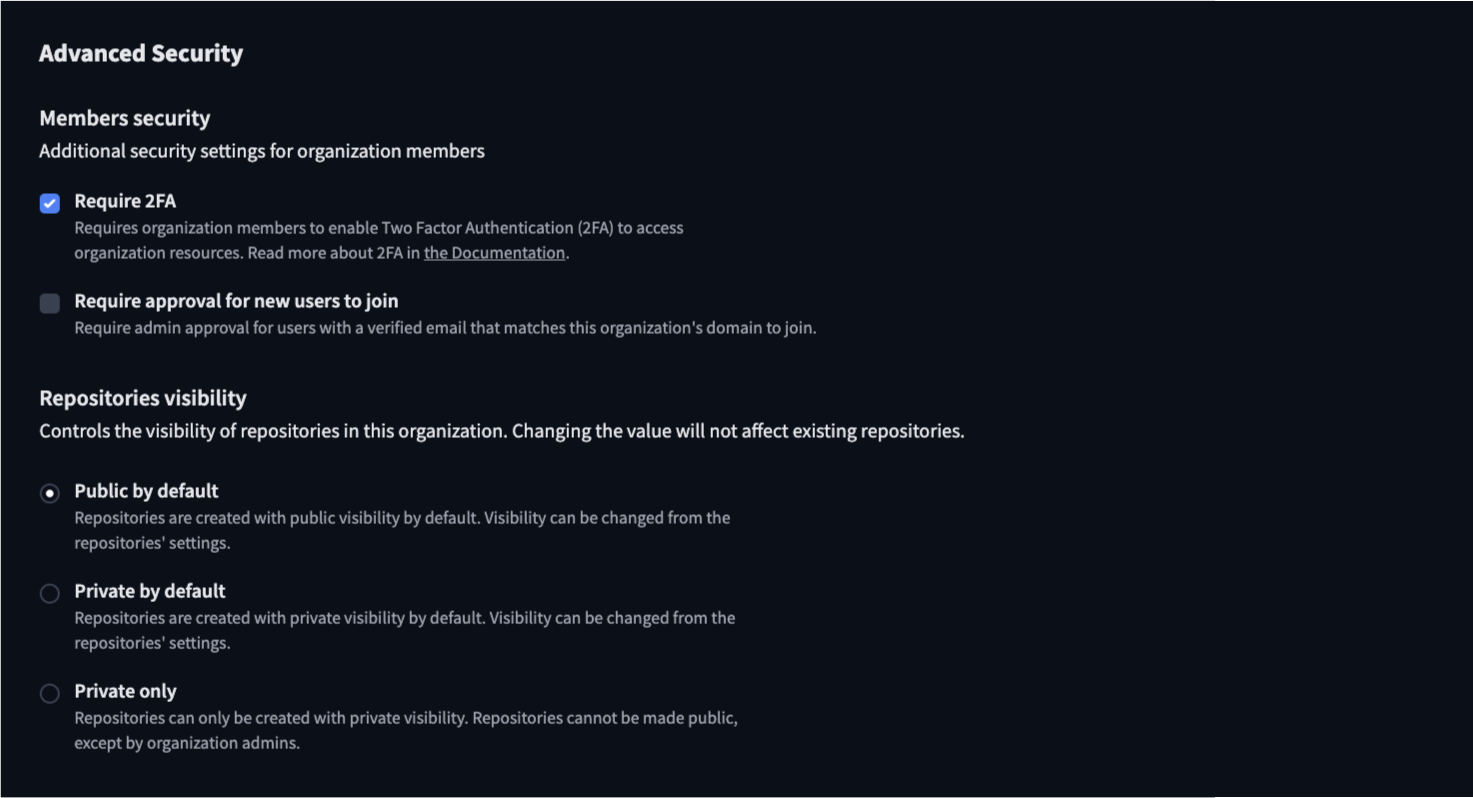 screenshot of the Organization settings page for Advanced security in dark mode.
