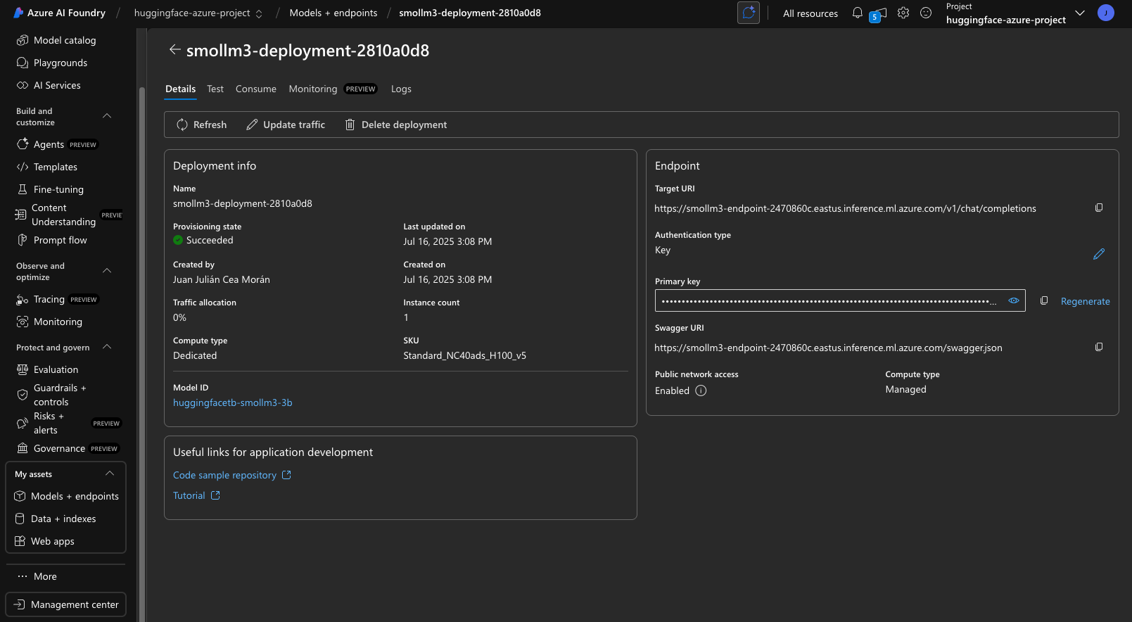 Azure AI Deployment from Azure AI Foundry